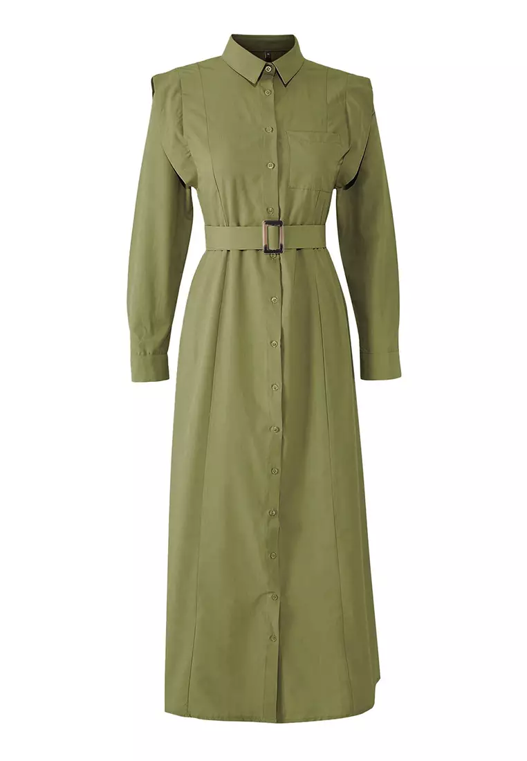 Khaki Belt Buckle Detailed Woven Terrycotton Dress Tctss25Eb00134