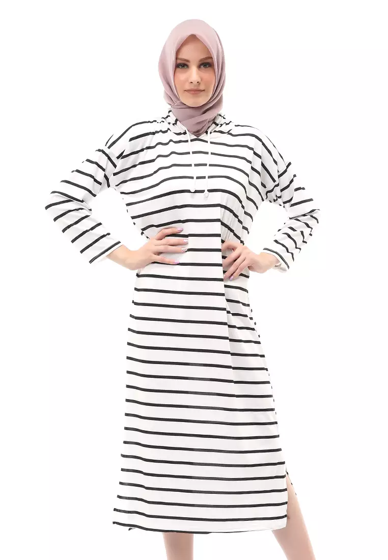 Mega Tunik Motif Stripe Atasan Wanita Long Sleeve Regular Fit - Putih B