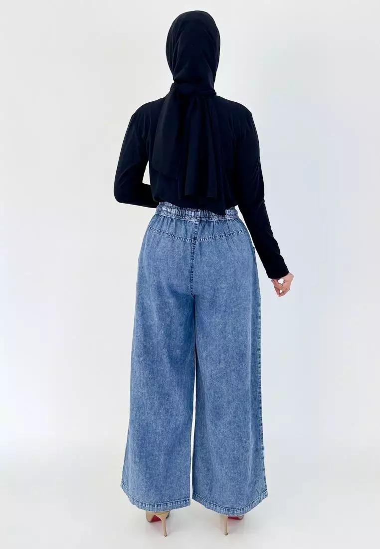LEZAHRASIGNATURE Palazzo Emily - Celana Panjang Kulot Denim Wanita - Biru Snow