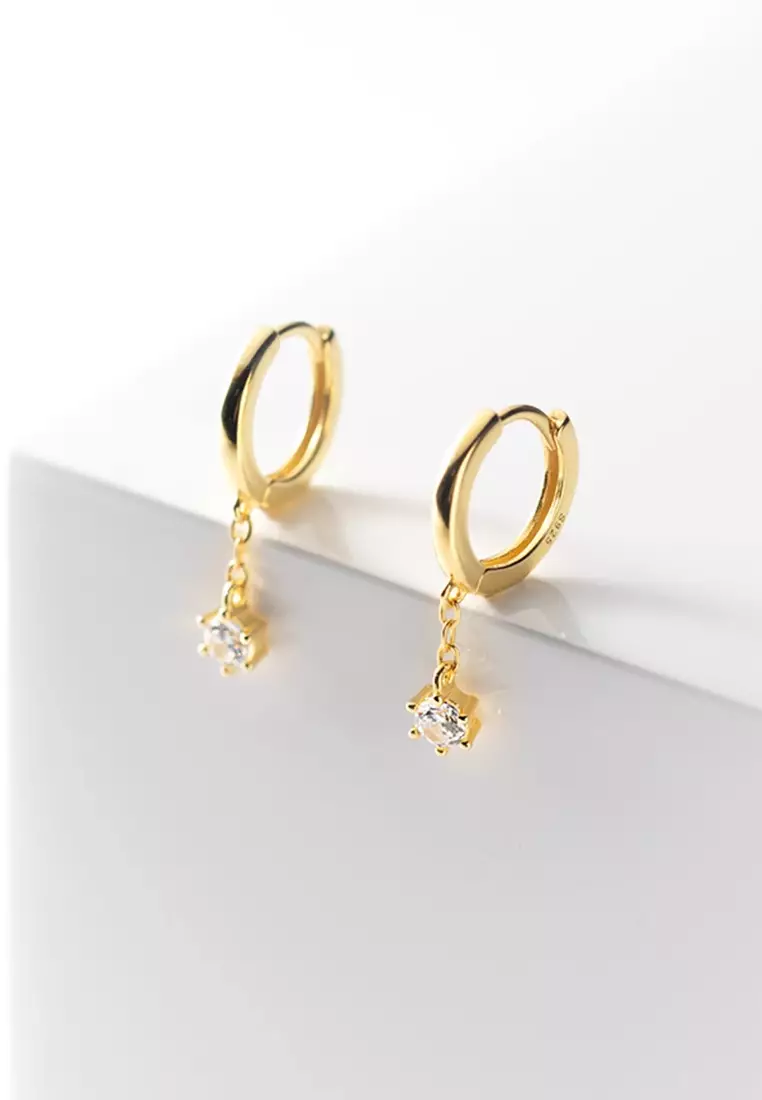 925 Silver Plated Gold Zircon Hoop Drop Earrings JW AR-G5925