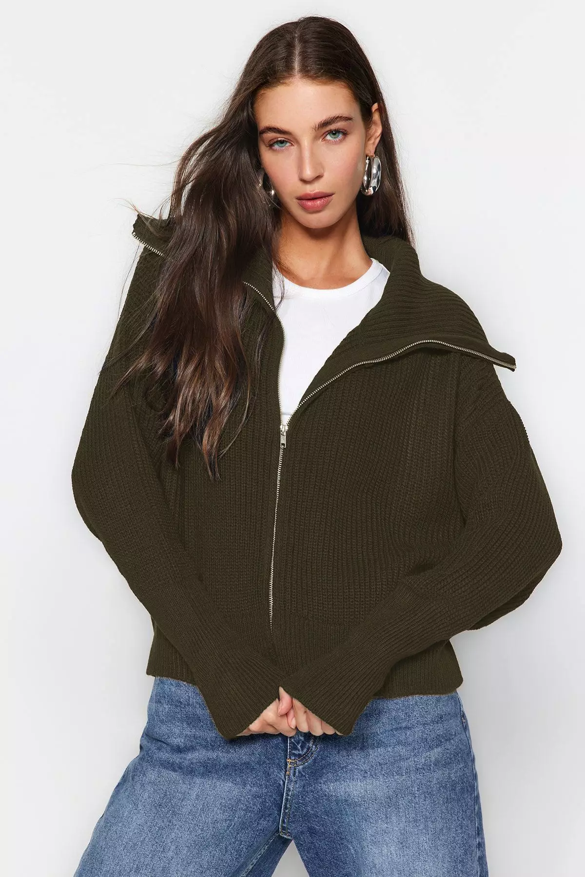 Turn Down Collar Zippered Khaki Knitwear Cardigan Wide Fit