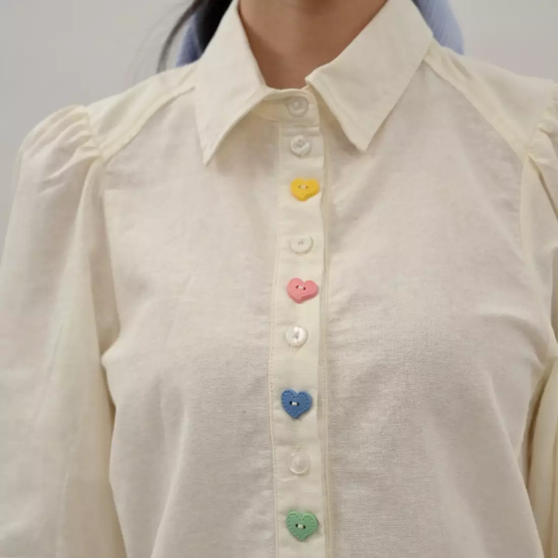 Rainbow Heart Button Puff Sleeve Shirt in White