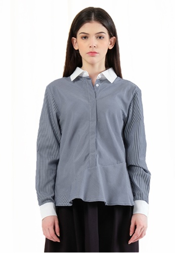 SALIENT LABEL white and multi and navy Hera Button-down Peplum Top with Contrast Colour Collar in Stripes 543F4AA6C1A743GS_1