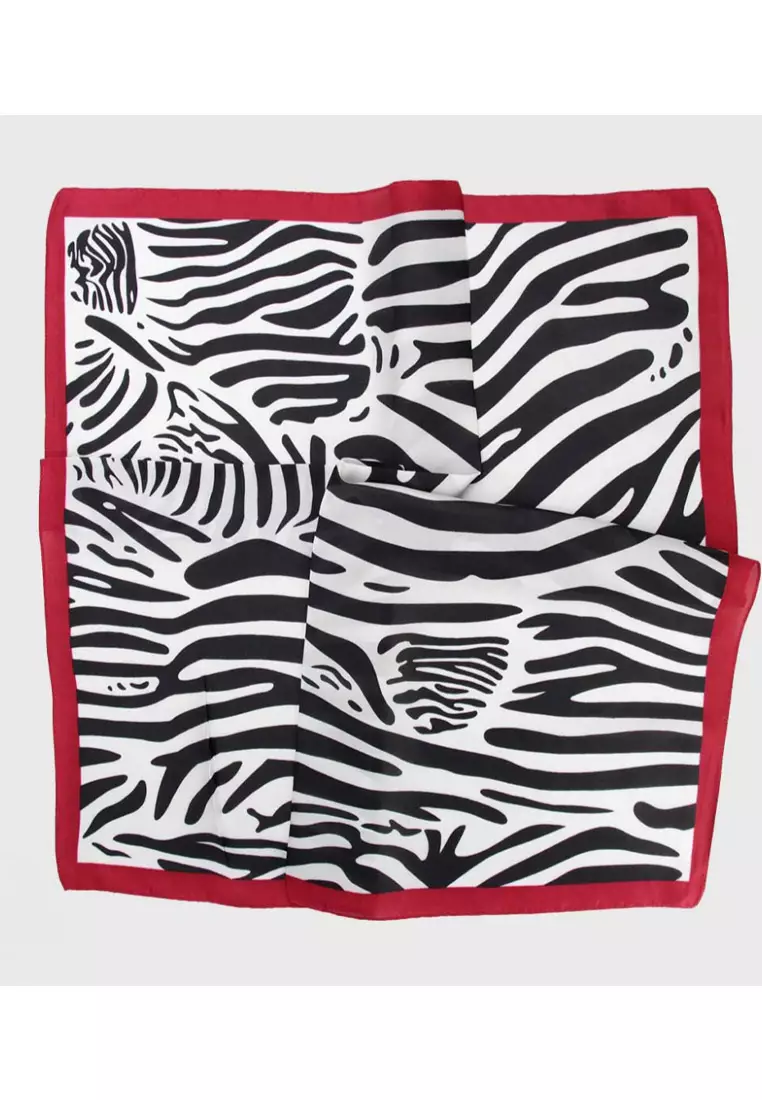 Aksesoris Scarf Zebra Motif Silky Square Satin Scarf Segi Empat Ukuran Kecil Black ,White & Red