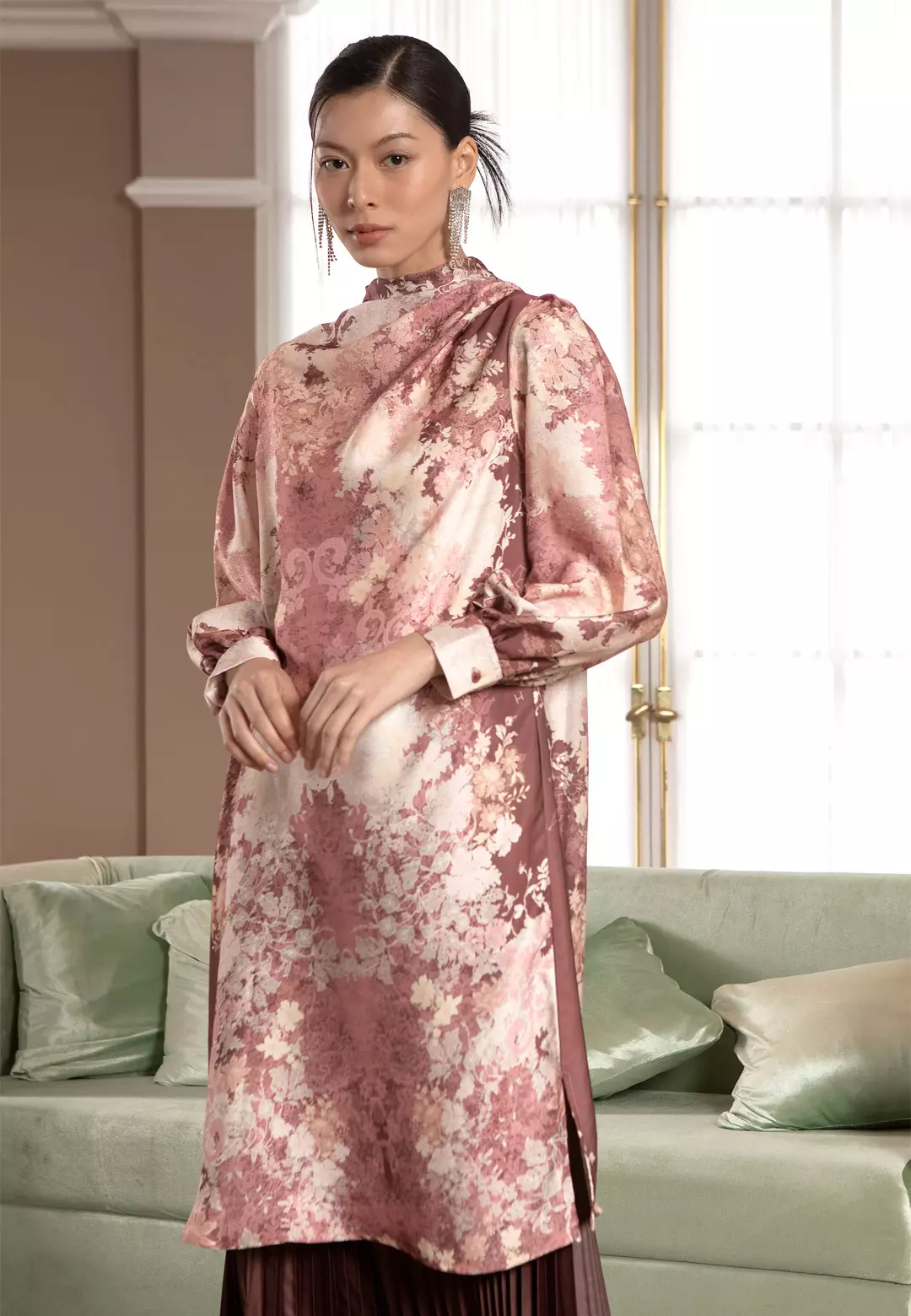 HijabChic Edeline Tunic Rosewood - Baju Lebaran Motif Floral Elegan