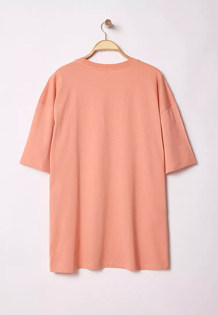 Plus Size Orange Oversize/Wide Cut 100% Cotton T-Shirt TMNSS23TS00139