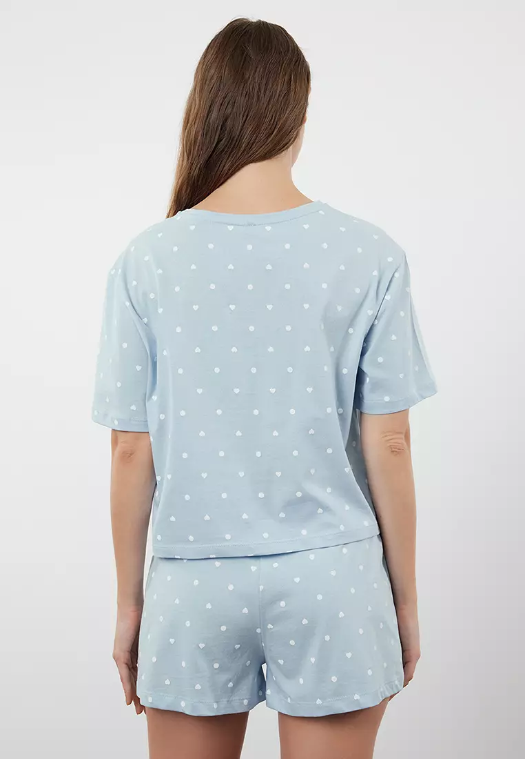 Blue 100% Cotton Polka Dot and Heart Shorts Knitted Pajama Set THMSS21PT1485