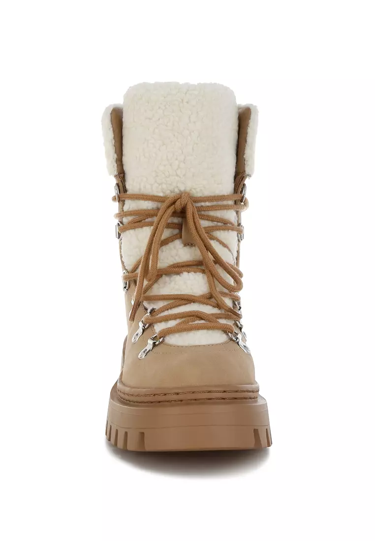 Fleece & Faux Leather Boots in Tan