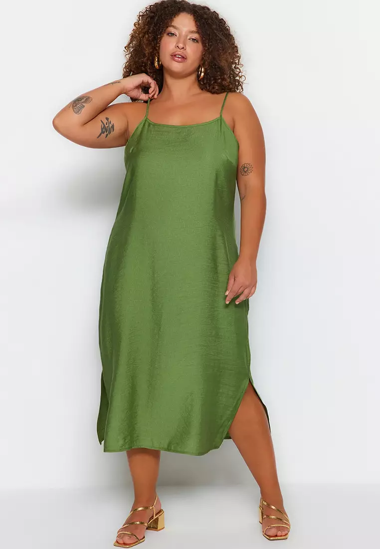 Buy Trendyol Plus Size Khaki Plain Weave Dress Online | ZALORA Malaysia