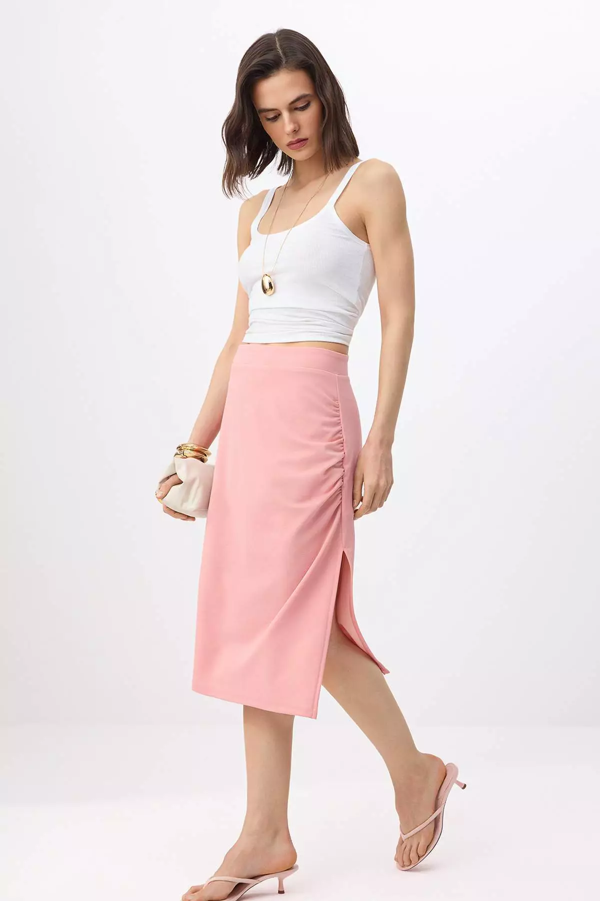 Pink Straight Pencil Slit Normal Waist Midi Scuba Crepe Knitted Skirt Twoss26Et15