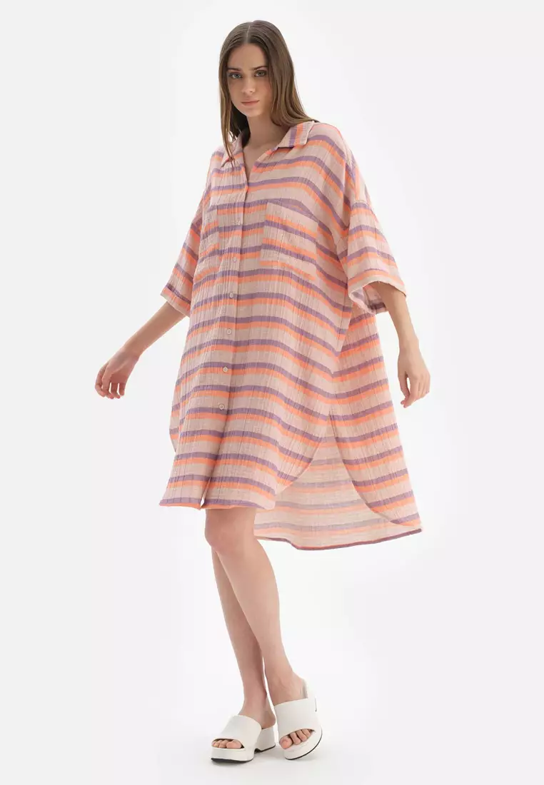 Orange Shirt Dress, Striped, Long Sleeve Beachwear for Women