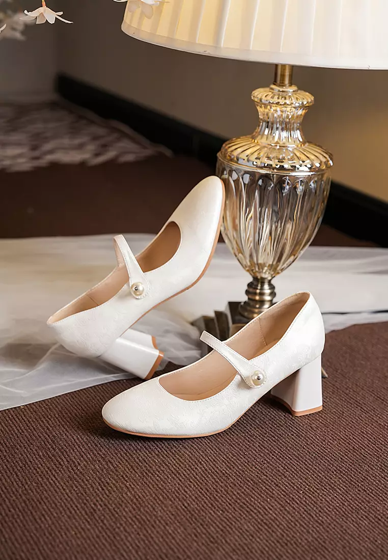 7CM Pearl Strap Cotton Print Mary Jane Shoes BY664-58