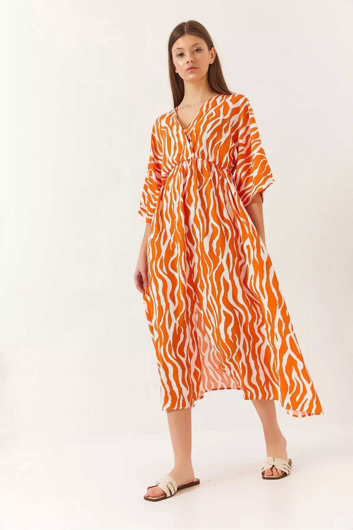 Women's Double Breasted V Neck Front Slit Detail Print Dress 60261411