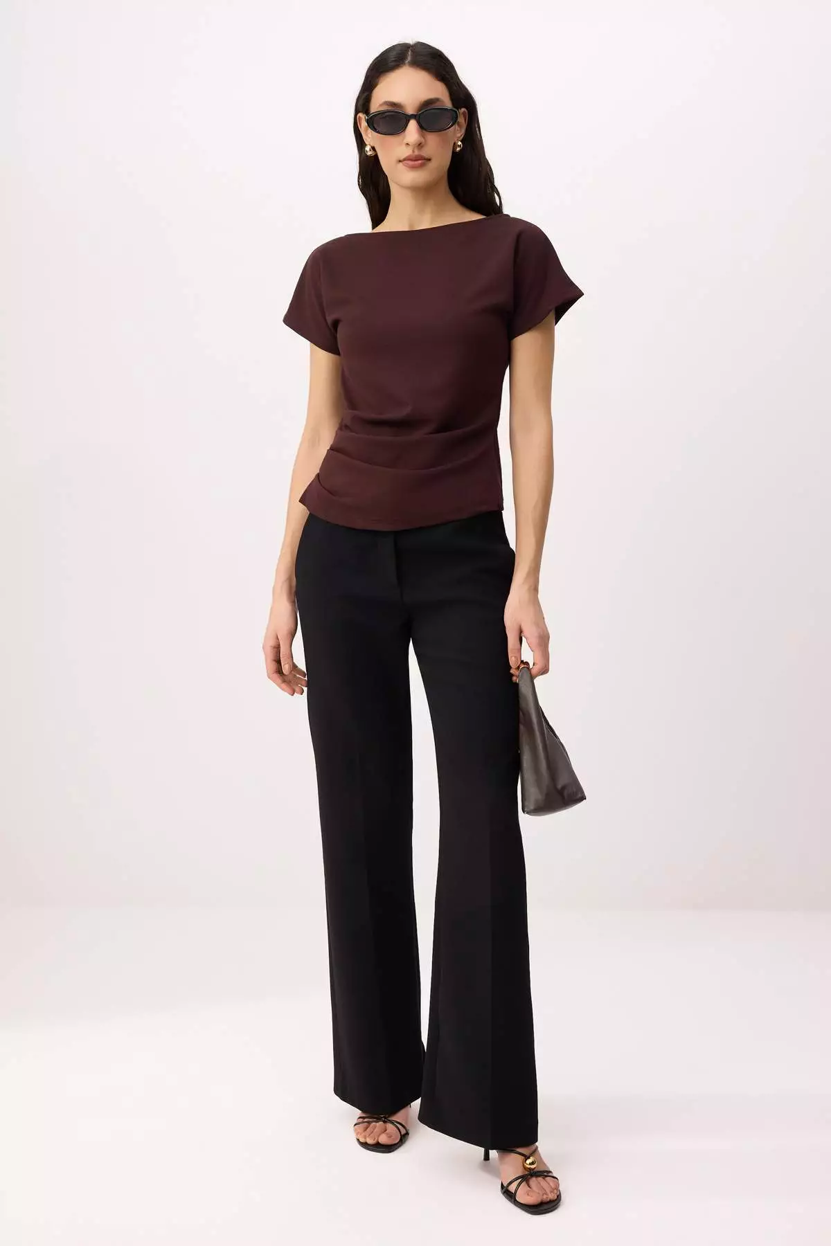 Brown Fitted/Bodycon Boat Neck Low Shoulder Short Sleeve Scuba Crepe Knitted Blouse Twoss26Bz8