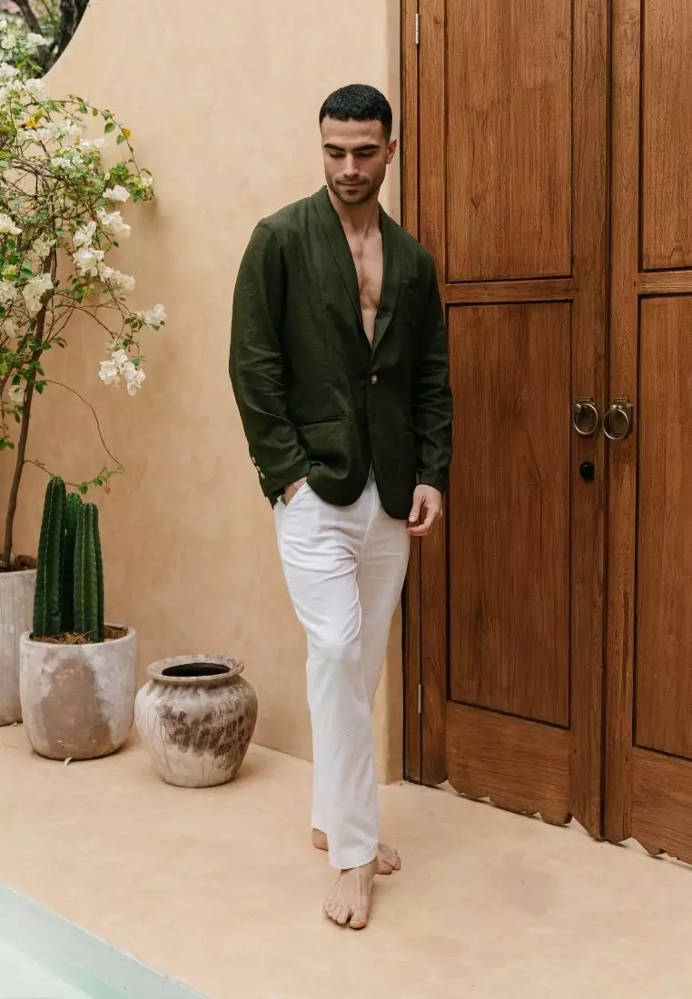 Olive Blazer Linen Pria Hijau Army - Linen Blazer Men Army Green