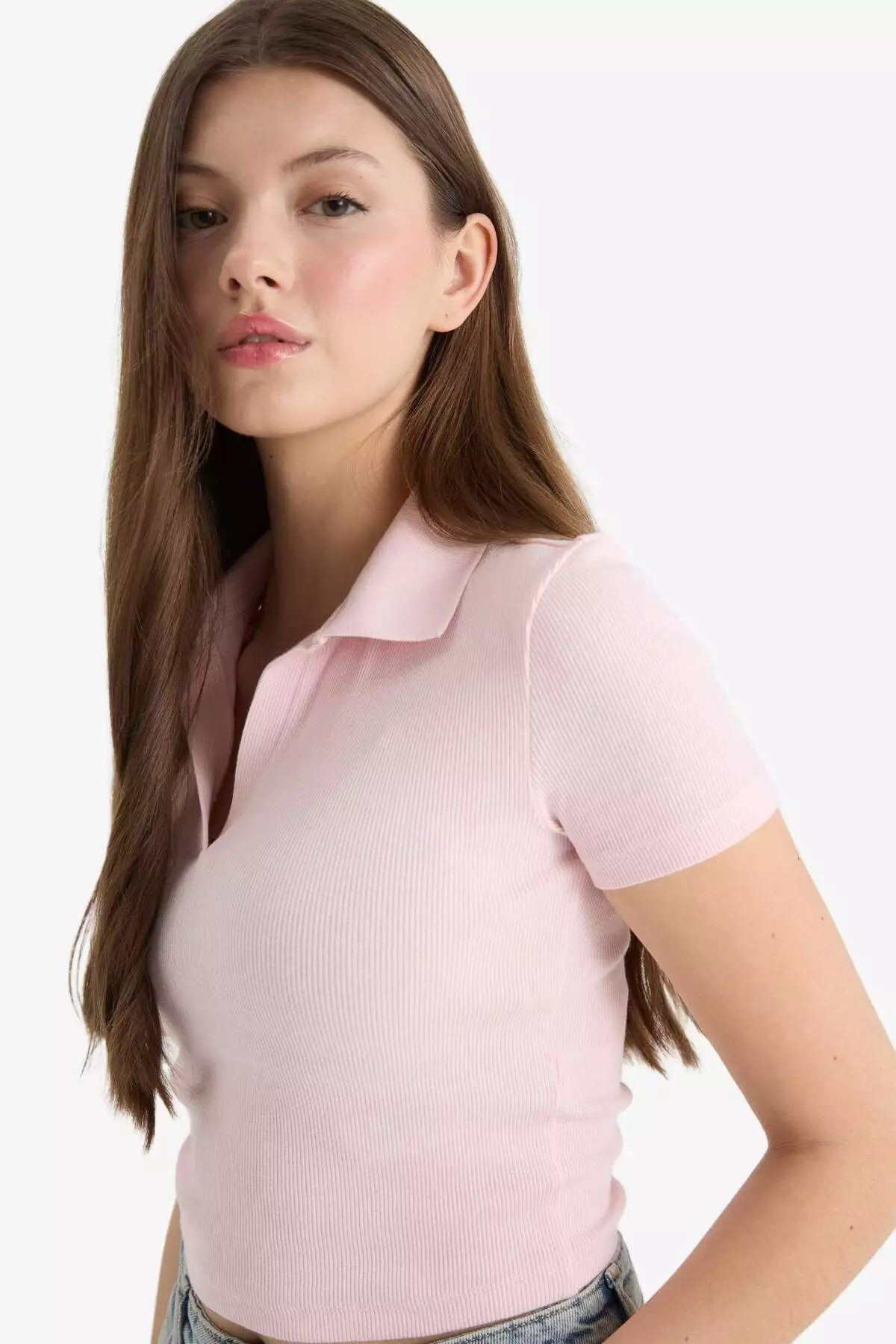 Fitted Polo Neck Basic Plain Ribbed Camisole Short Sleeve T-Shirt A0379Ax25Sm