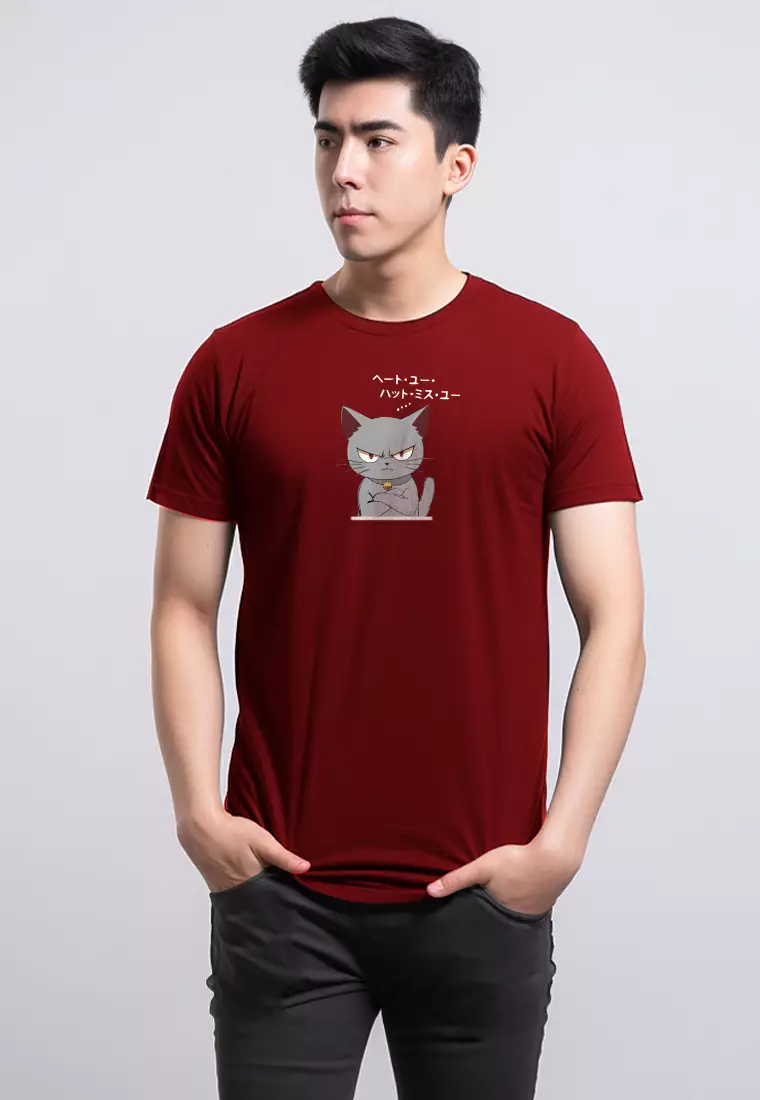MTU13 Kaos Gambar Kucing Pria "cat quote" instacool lengan pendek maroon