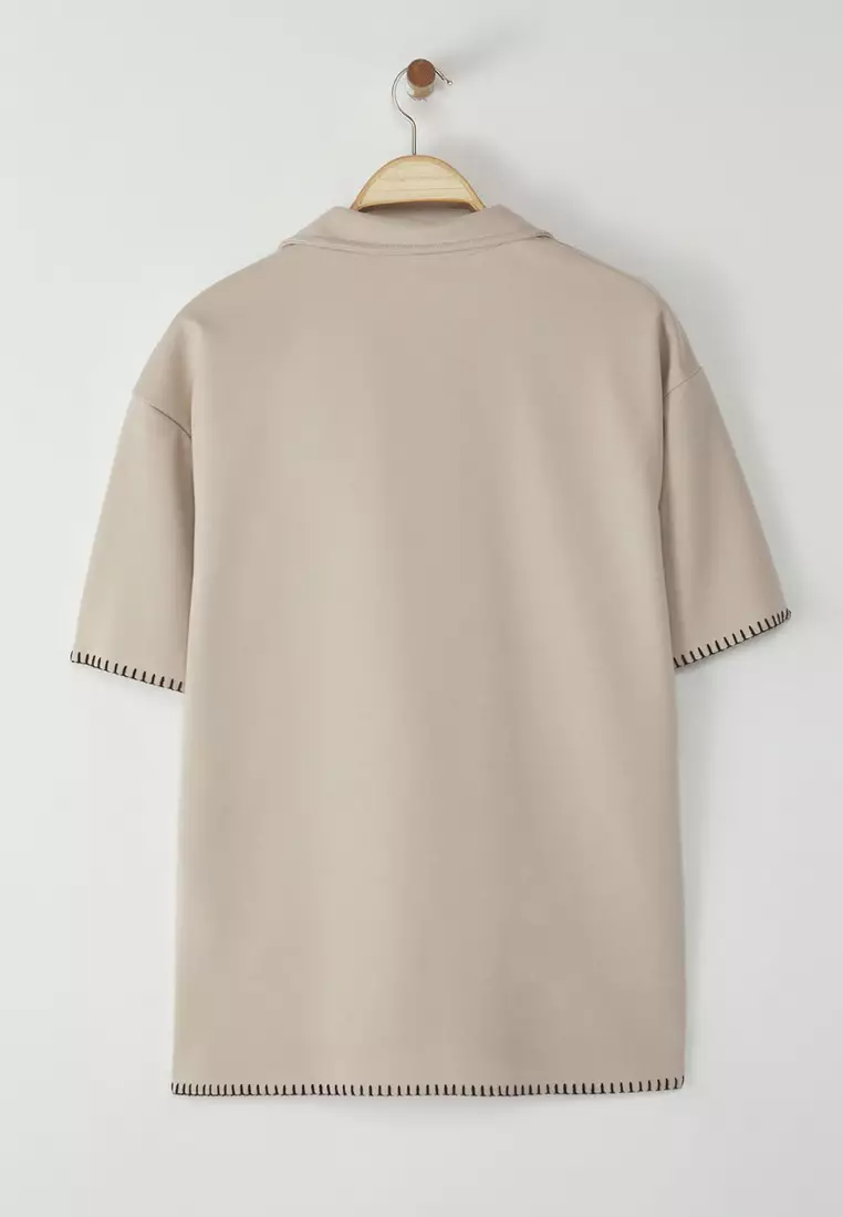 Limited Edition Stone Oversize/Wide Cut Contrast Stitch Detail Polo Neck T-shirt TMNSS25PO00009
