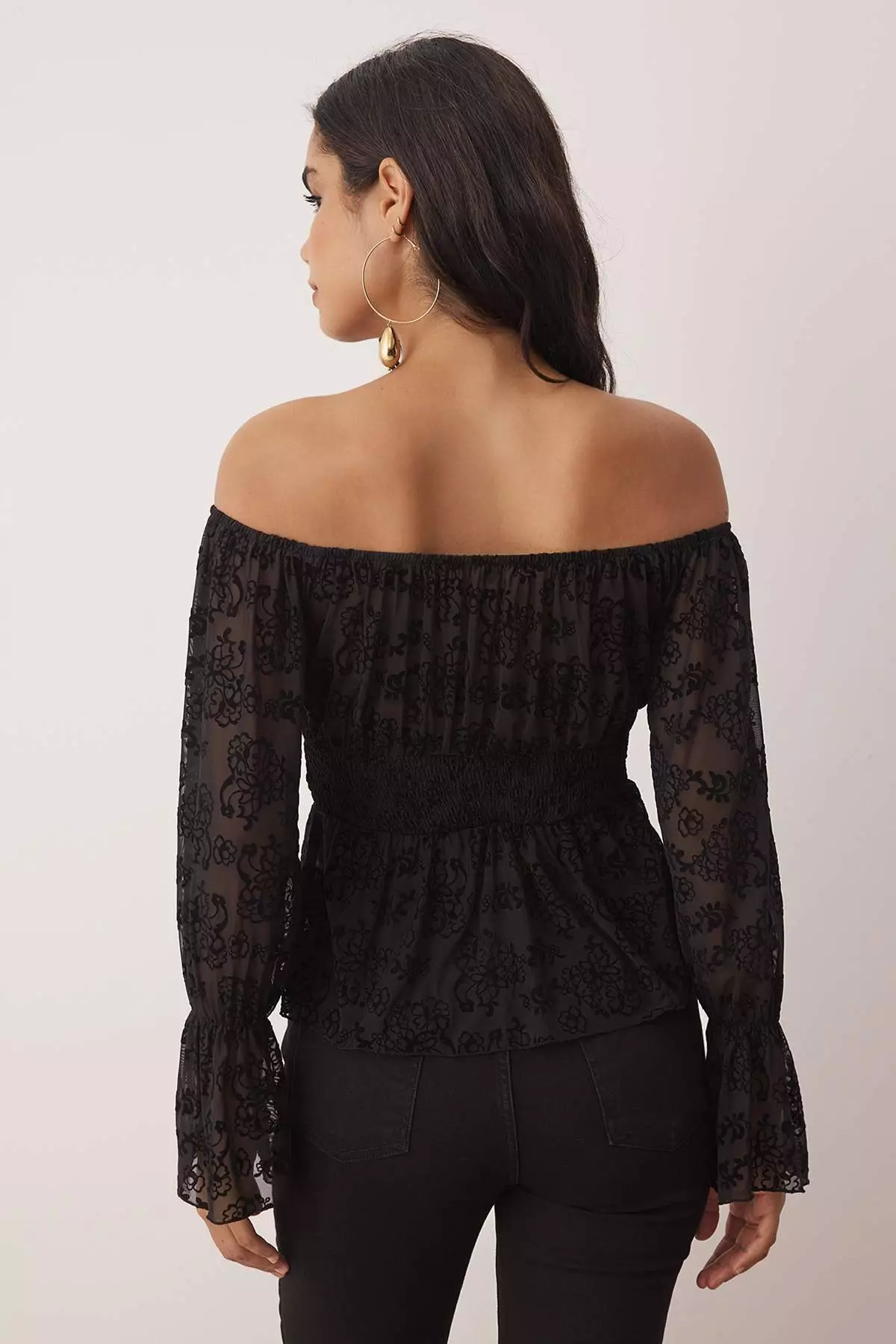 Black Floral Unlined Carmen Collar Tied Tulle Party Blouse Tpraw26Bz00014