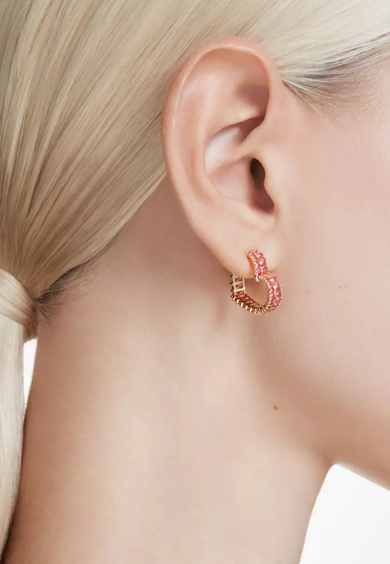 Matrix hoop earrings, Baguette cut, Heart, Small, Pink, Gold-tone plated