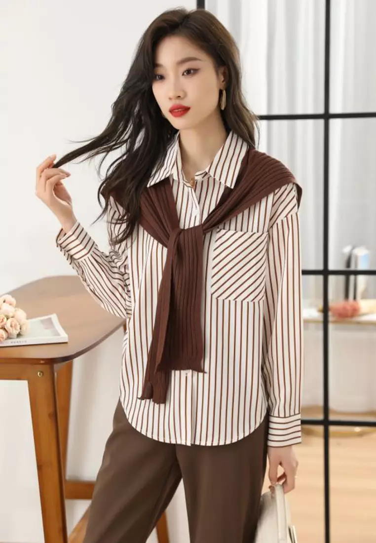 Striped Long Sleeves Shirt With Scarf (2pcs)