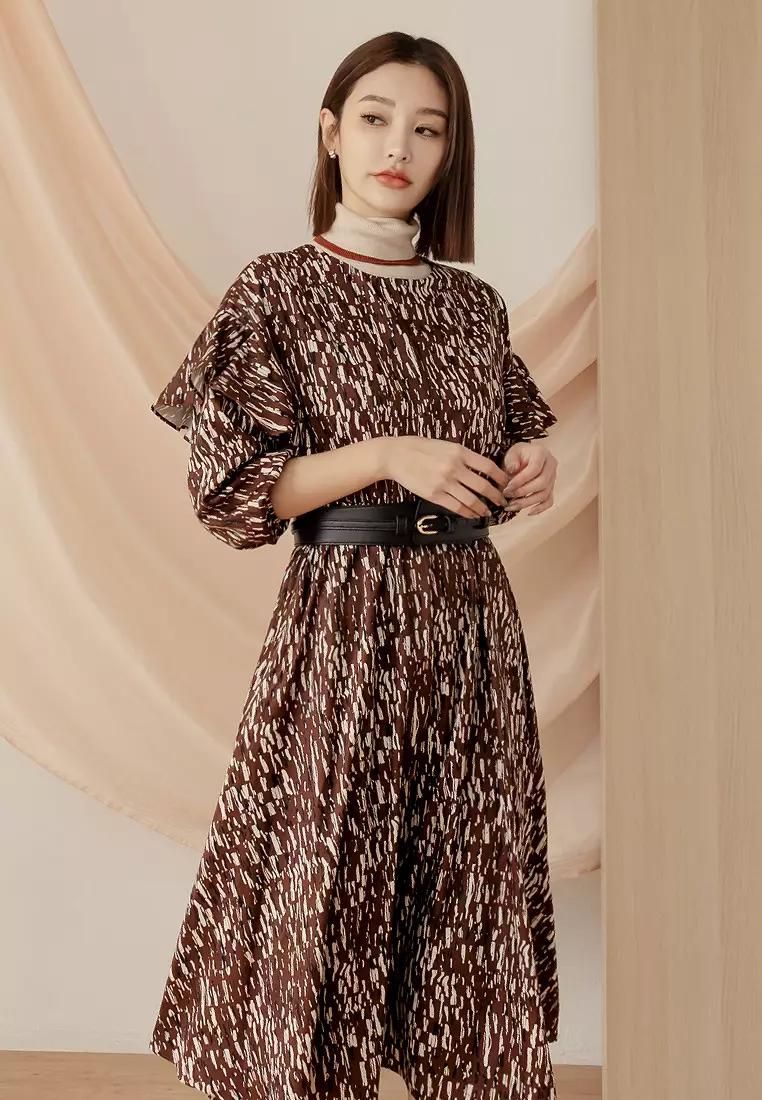 Printed Ruffle Sleeve Maxi Dress [DA9962]