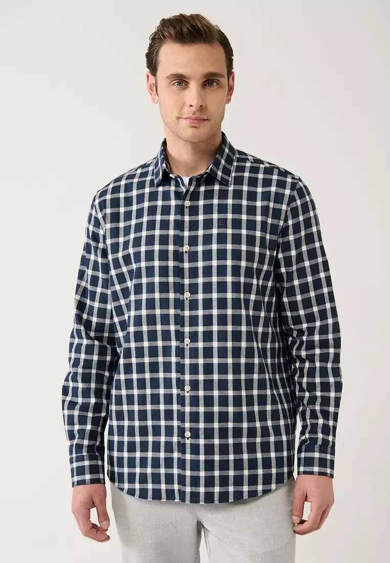 Men's Navy Blue-White Cotton Plaid Flannel Lumberjack Shirt A32Y2158