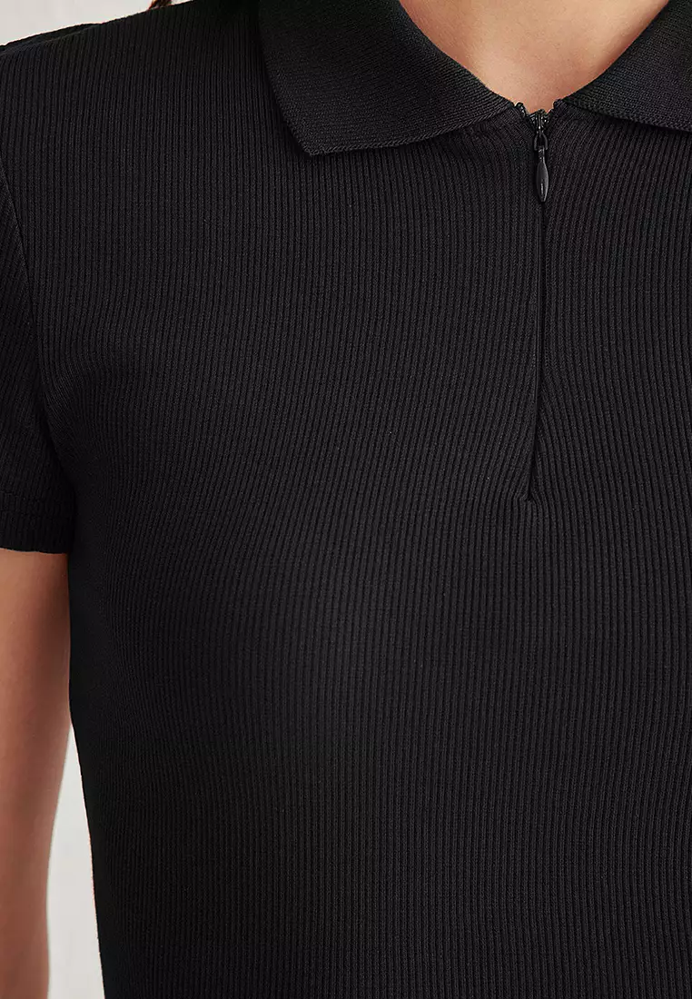 Black Fitted Polo Neck Flexible Knitted Blouse