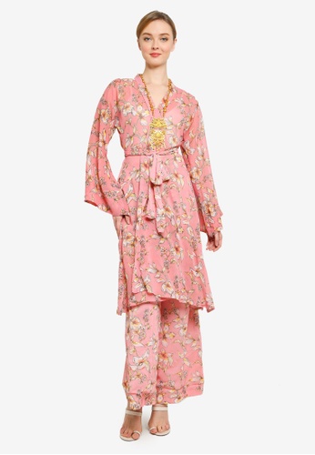 Anara Long Tie Waist Cardigan with Palazo from Yans Creation in Pink