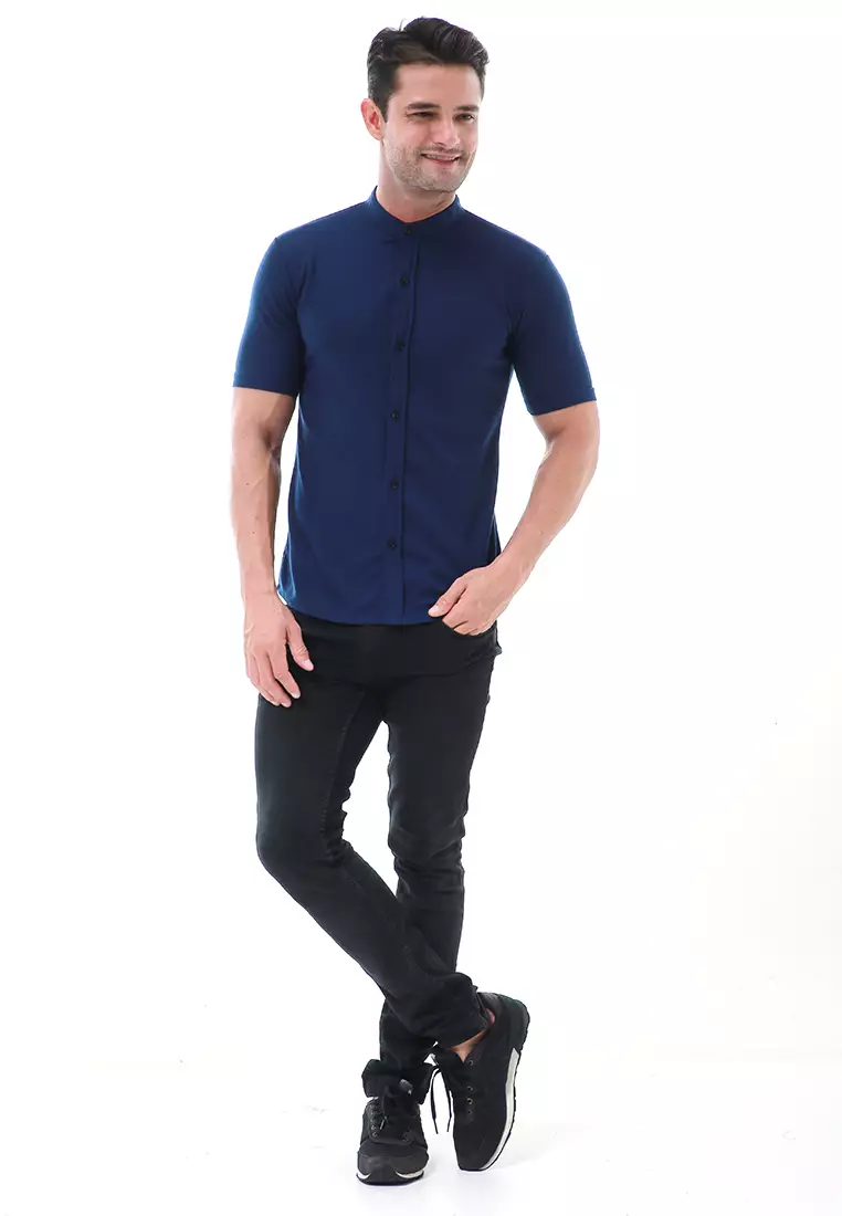 Leopold Atasan Pria Kemeja Kasual Slim Fit Lengan Pendek Motif Polos Material Cotton ORIGINAL - Navy