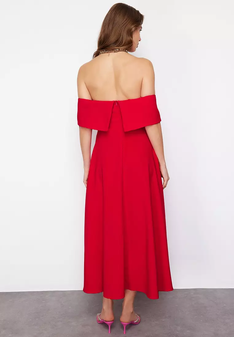 Red Collar Detail A Line Stylish Evening Dress