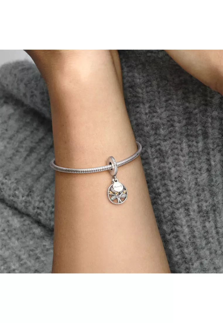 Family Tree Silver Dangle With 14k And Clear Cubic Zirconia