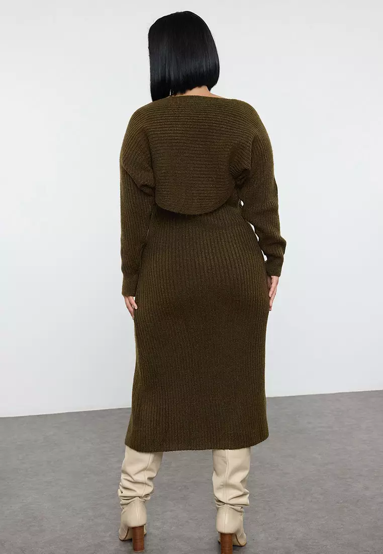 Khaki Ribbed Slit Midi Length Knit Dress & Bolero Set Tbbaw25Ah00070