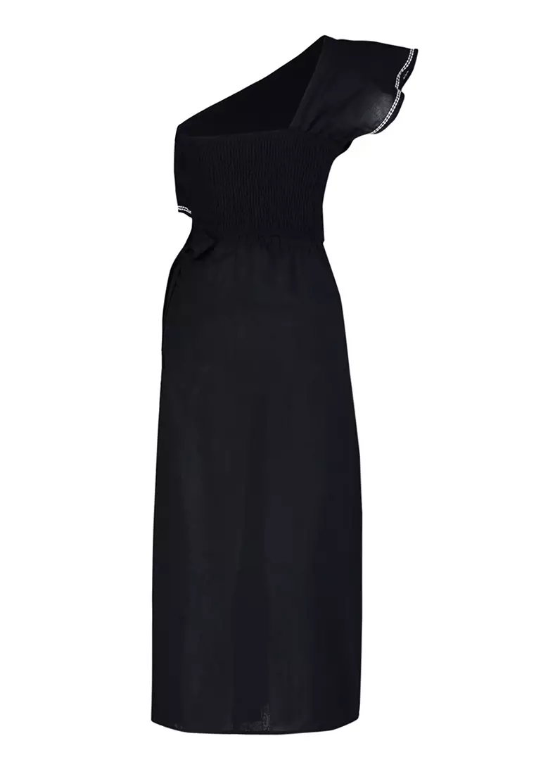 Black Woven Flounce One Shoulder 100% Cotton Blouse Skirt Beach Suit TBESS24AU00009