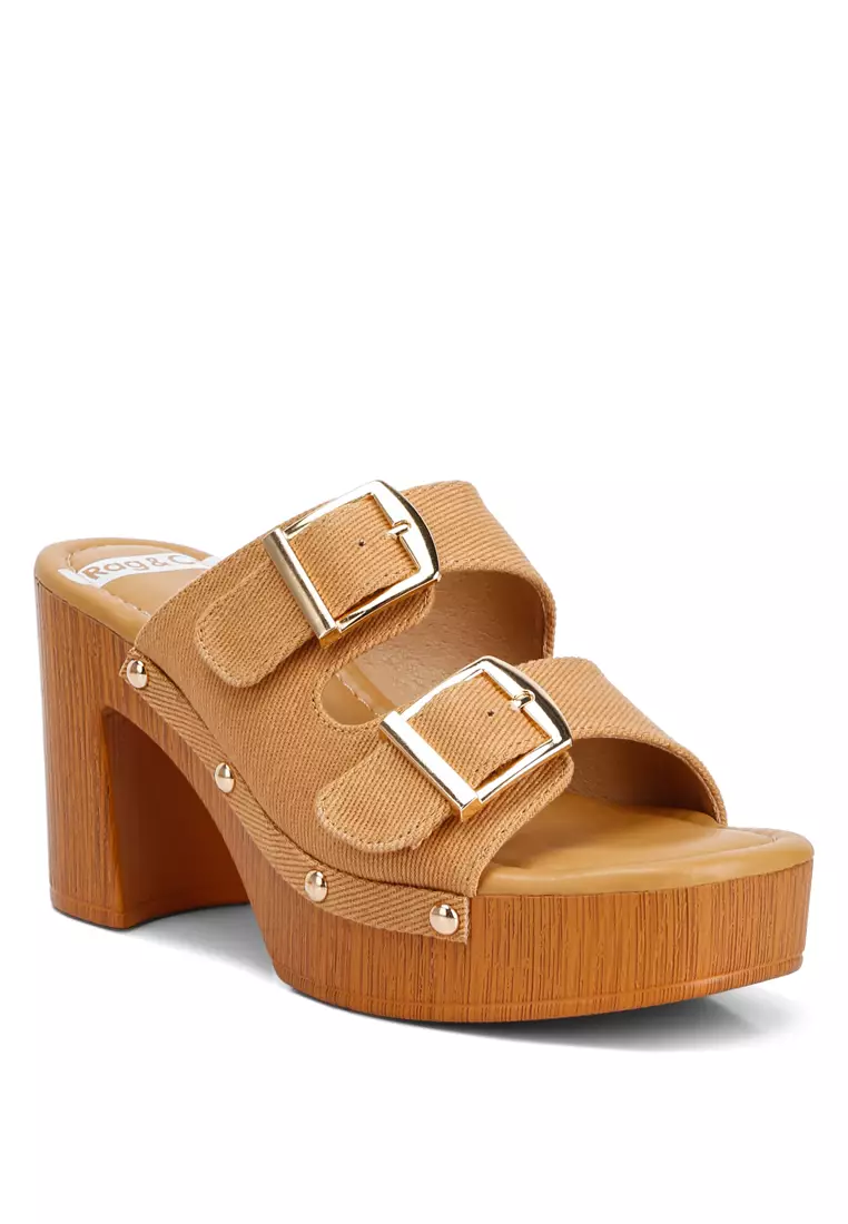 Tan Buckle Straps High Block Heel Clogs