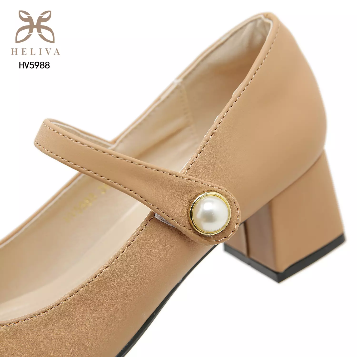 Heliva Reine Women Shoes Heels Chungky Strap Velcro Accessories Pearl 5cm HV5988