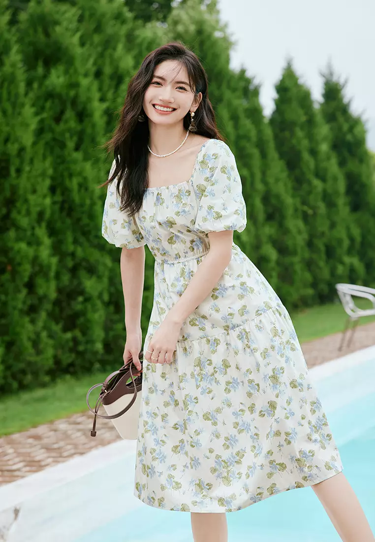 Puff Sleeve Square Neck Floral Midi Dress
