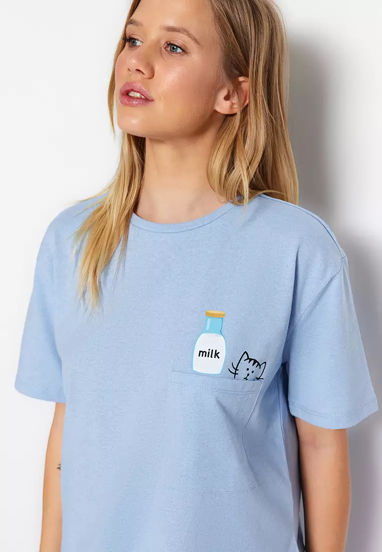 Graphic Plain with Frill Detail Pajamas Set