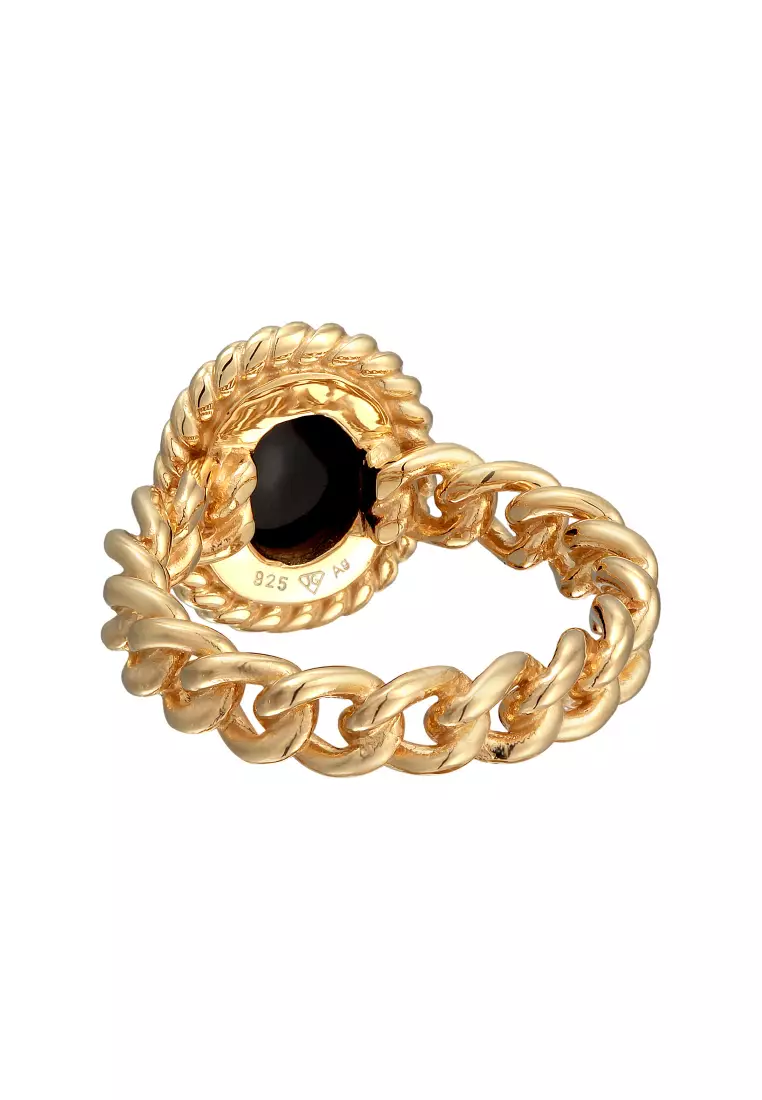 Cincin Perhiasan Perak 925 Wanita Solitaire Classic Chain Look Onyx Gold Plated