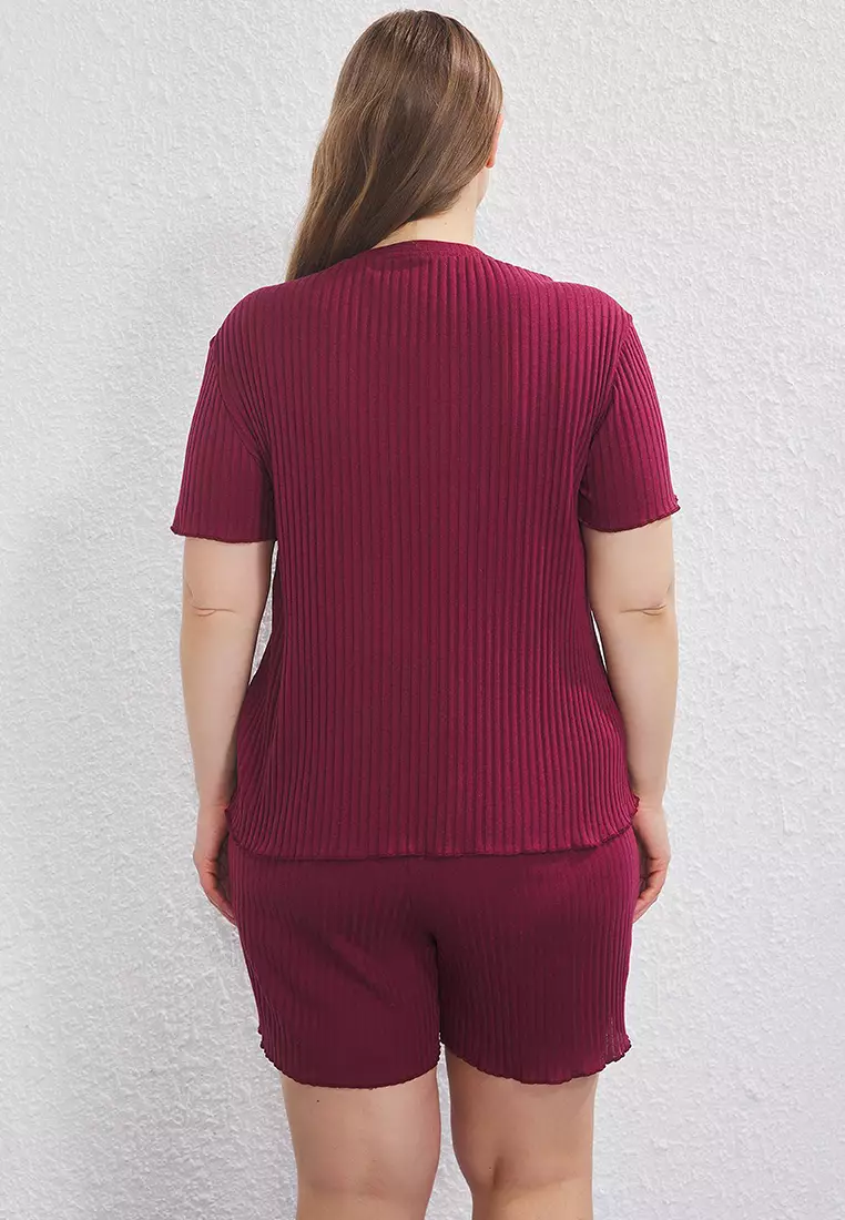 Claret Red Crew Neck Camisole Knitted Pajama Set TBBSS25AI00118