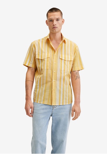 MANGO Man yellow Striped Cotton Linen Shirt ED1CFAA6B3DB9FGS_1