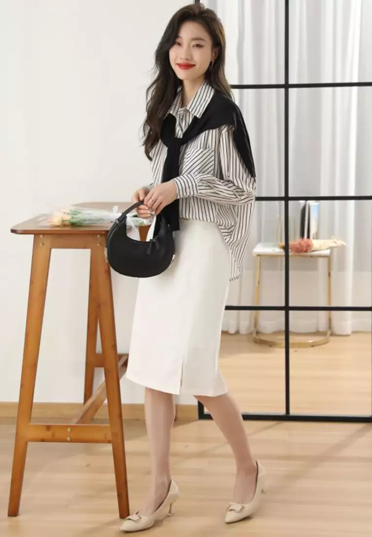 Striped Long Sleeves Shirt With Scarf (2pcs)