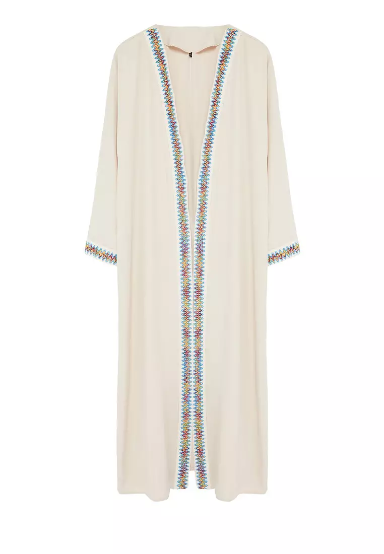 Stone Piping Detailed Woven Cape & Abaya & Kimono TCTSS24KF00033