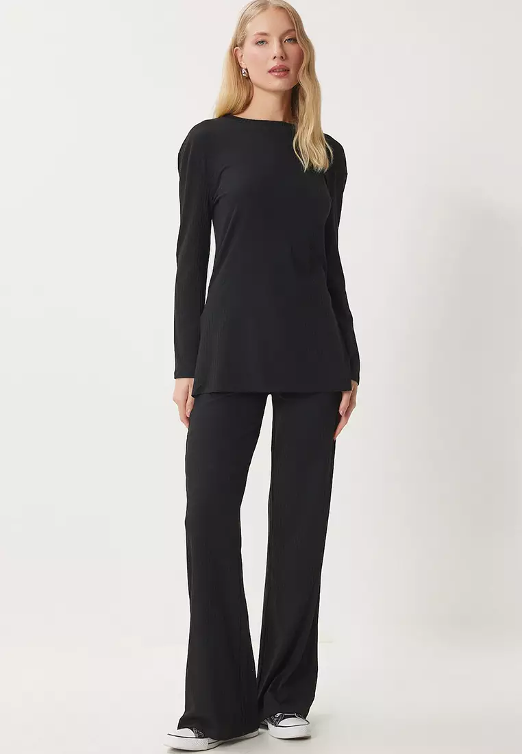 Comfortable Ribbed Knitted Blouse Trousers Set