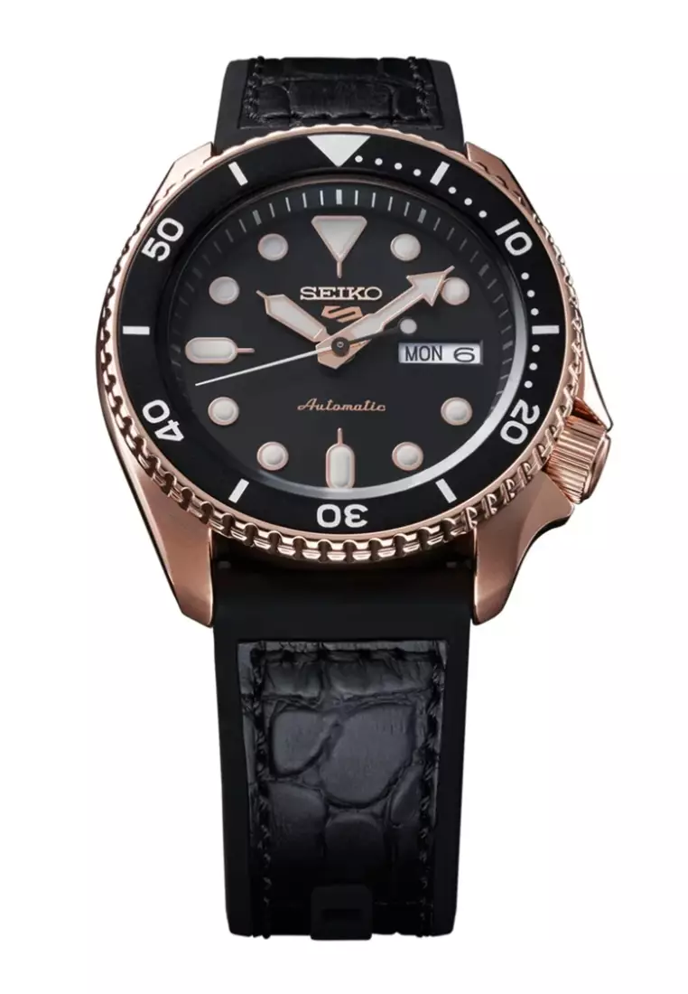 Seiko 5 Sports SKX Series Black Dial With Rose Gold Accents Black Silicone Band Automatic Watch SRPD76K1