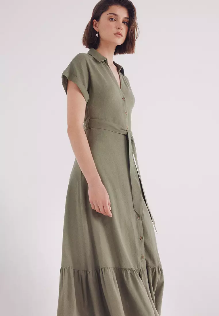Shirt Midi Dress with Belt in Linen Blend