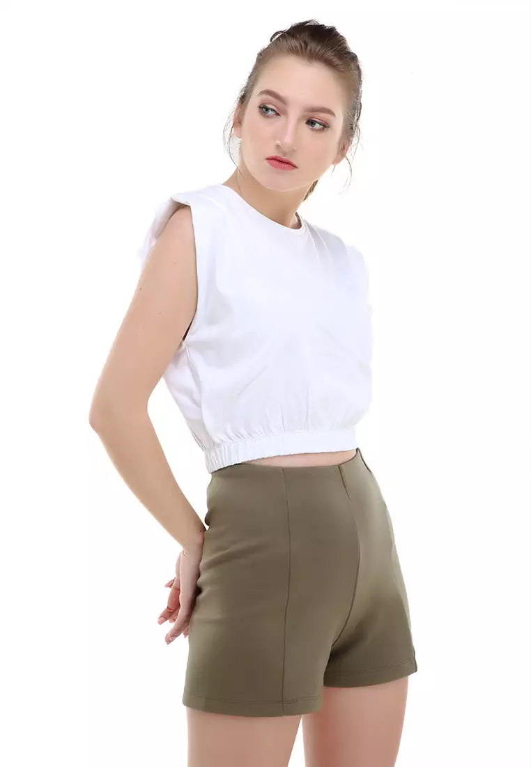 Sakya Tshirt Short Sleeve Top Padded Motif Polos Atasan Wanita Crop Regular fit - White