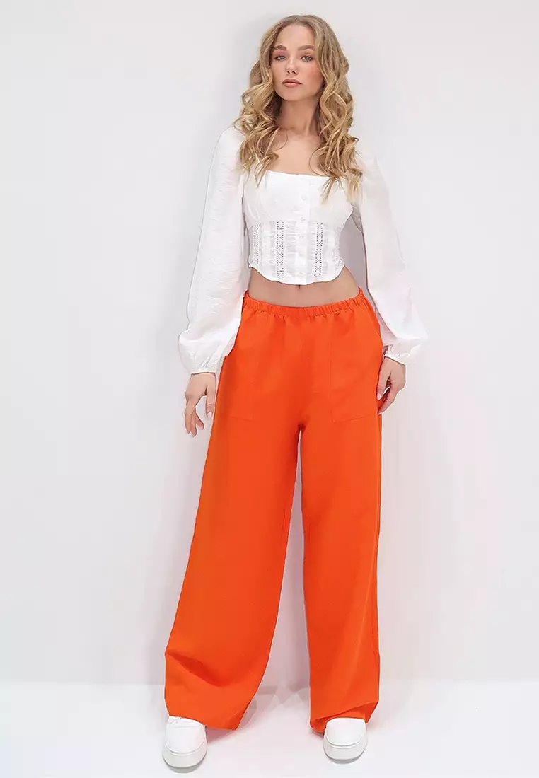 Women's Orange Double Pocket Elastic Waist Linen Wide Leg Pants Alc-X13768