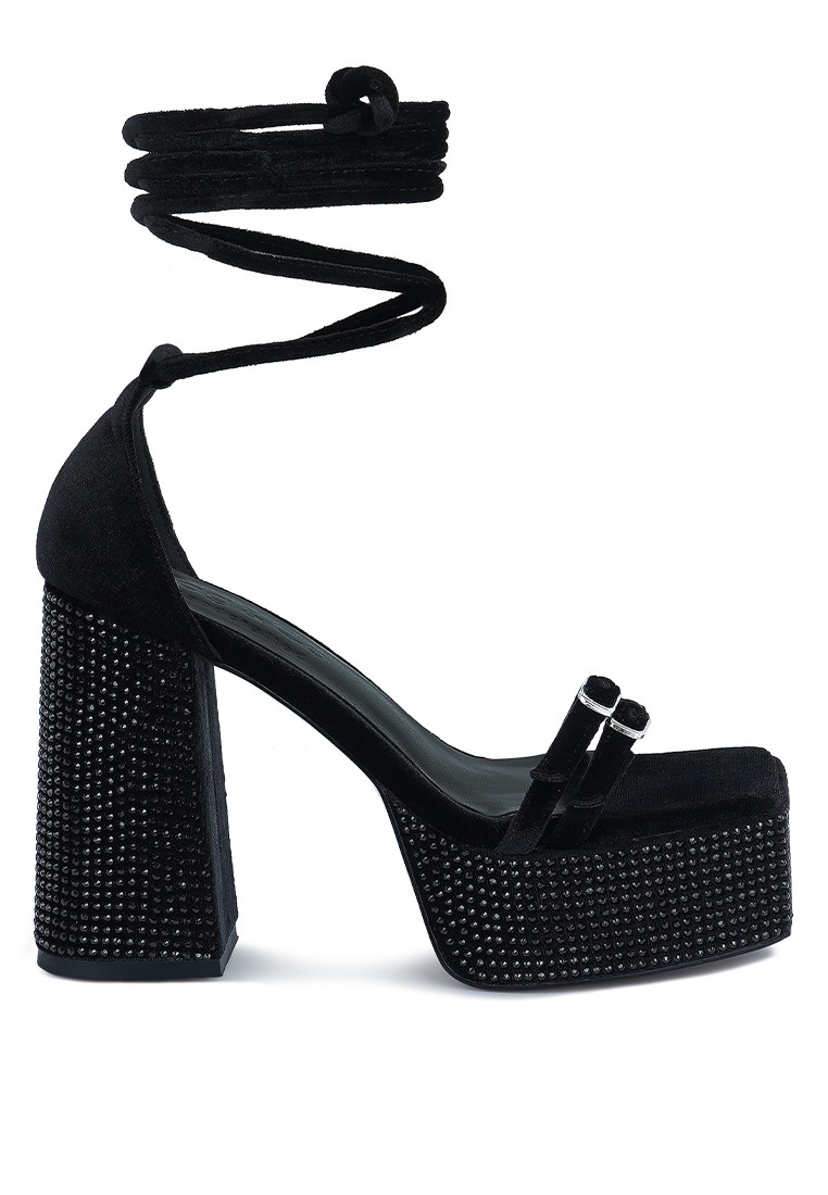 Black High Platform Diamante Lace Up Sandals