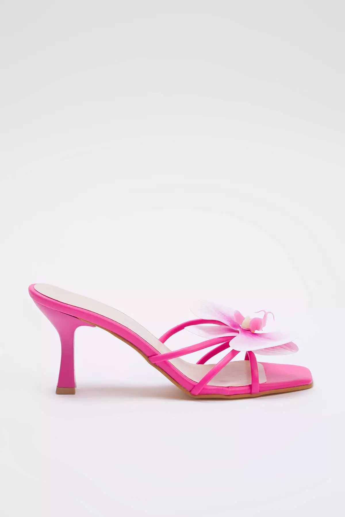 Fuchsia Flower Detail Square Toe Women Thin Heels Slippers Takss25To00106